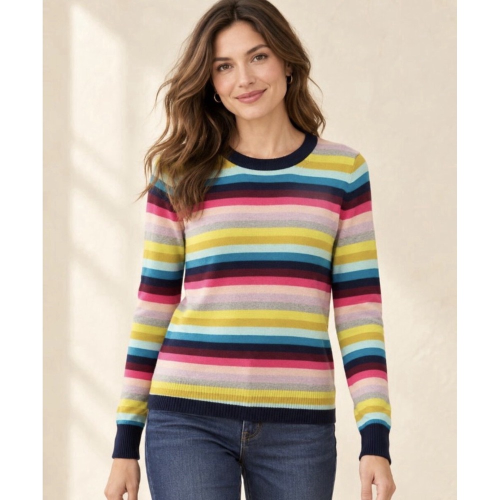 J Crew Perfect Cashmere Crewneck Sz M Sweater Rainbow Stripe Colorful Lux Preppy